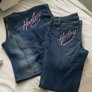 Harley Denim Vest & Jeans with Pink Embroidery
